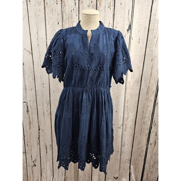 Gretchen Scott L Magnifico Dress Cotton Embroidered Navy Blue Tunic Shift EUC - Picture 3 of 9